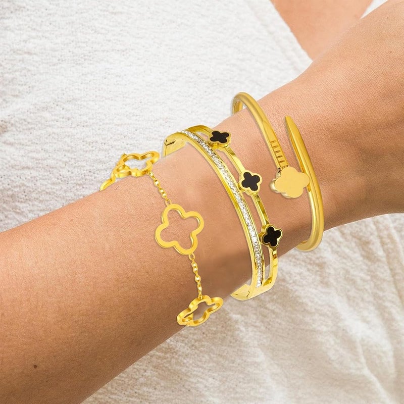 KASTWAVE Clover Bracelets for Women, Adjustable Stainless Steel Four Leaf Clover Nail Bracelet with 18K Gold Plating and Cubic Zirconia, Stackable Lucky Love Cuff Bangle, Birthday Gift for Women - Image 4