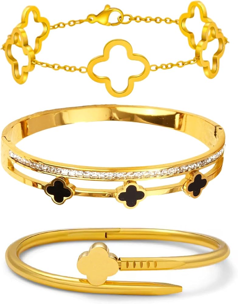 KASTWAVE Clover Bracelets for Women, Adjustable Stainless Steel Four Leaf Clover Nail Bracelet with 18K Gold Plating and Cubic Zirconia, Stackable Lucky Love Cuff Bangle, Birthday Gift for Women - Image 1