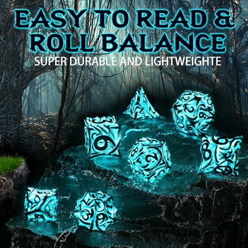 FONVGOGO Glow in The Dark Light up DND Dice Metal for Dungeons and Dragon 7 Polyhedral Dice Set Hollow Metal Vine D and D RPG Dice for Role Playing Game Vine Glow Blue - Image 5