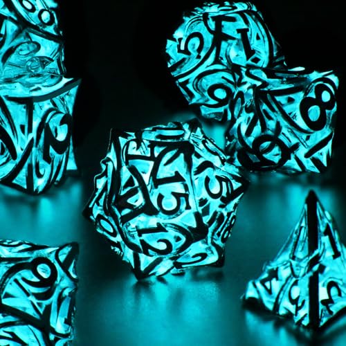 FONVGOGO Glow in The Dark Light up DND Dice Metal for Dungeons and Dragon 7 Polyhedral Dice Set Hollow Metal Vine D and D RPG Dice for Role Playing Game Vine Glow Blue - Image 1