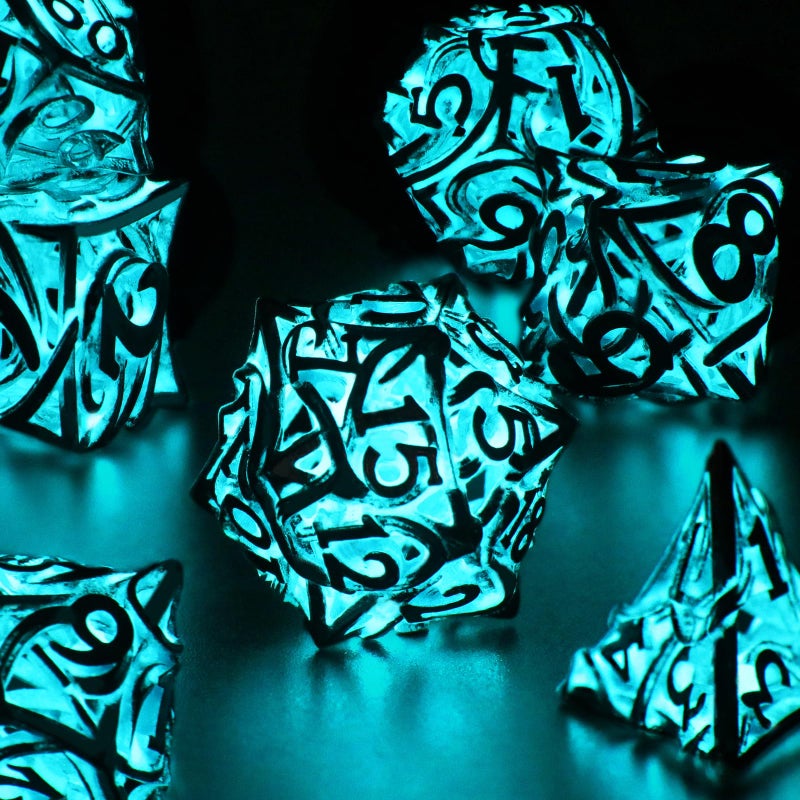 FONVGOGO Glow in The Dark Light up DND Dice Metal for Dungeons and Dragon 7 Polyhedral Dice Set Hollow Metal Vine D and D RPG Dice for Role Playing Game Vine Glow Blue - Image 3