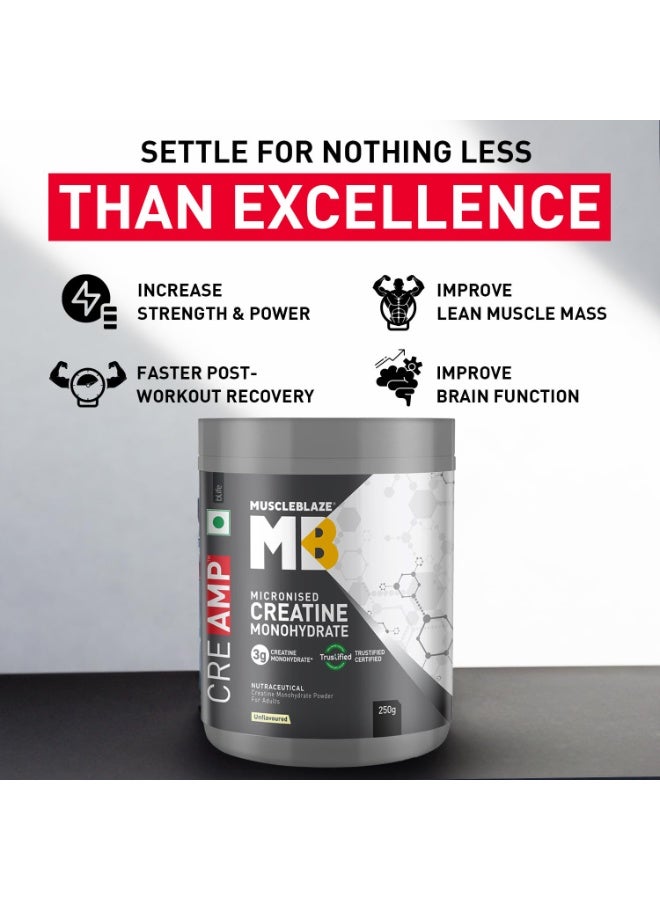 MuscleBlaze Micronised Creatine Monohydrate CreAMP Powder, Unflavoured (80 Servings, 250g) | Trustified Certified Creatine - Image 4
