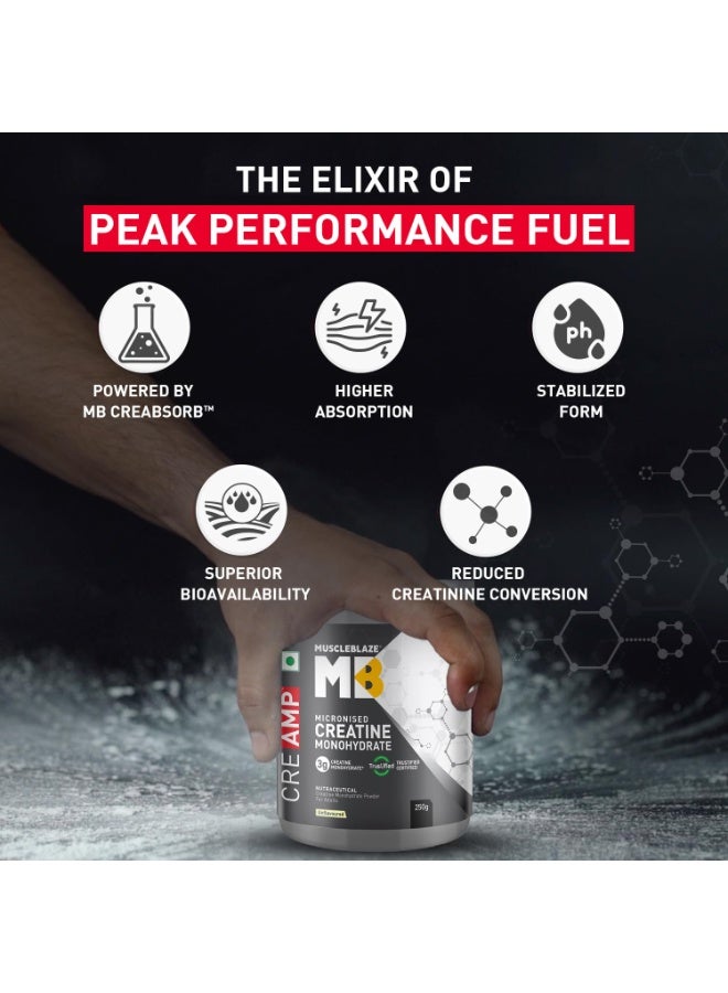 MuscleBlaze Micronised Creatine Monohydrate CreAMP Powder, Unflavoured (80 Servings, 250g) | Trustified Certified Creatine - Image 3