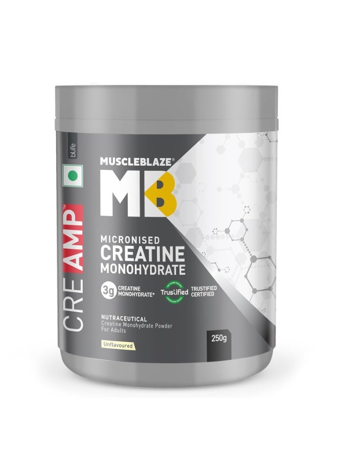 MuscleBlaze Micronised Creatine Monohydrate CreAMP Powder, Unflavoured (80 Servings, 250g) | Trustified Certified Creatine - Image 1