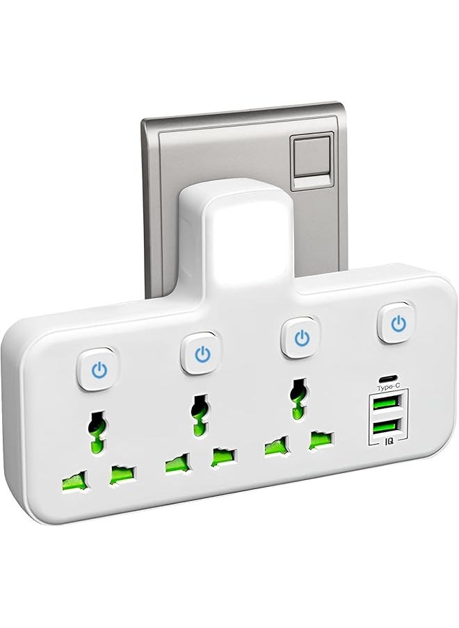 UNICASA UNICASA™ 3 Way Plug Extension Socket with 2 USB & 1 Type-C Ports, UK Multi Plug Adapter with Switches - Ideal for Home, Office, Kitchen, Garden, Outdoor Use and travel.  - Image 1