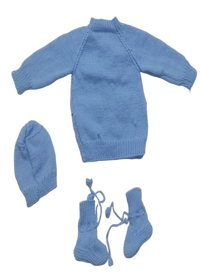 Cute Collection Hand Made Front Open Woolen Sweater with Cap and Pair of Socks Set for 0-6 Months Baby Boys & Girls and New Born Baby (Color, Blue) - Image 3
