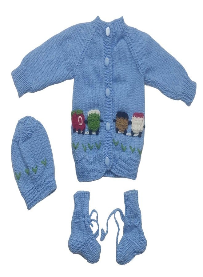 Cute Collection Hand Made Front Open Woolen Sweater with Cap and Pair of Socks Set for 0-6 Months Baby Boys & Girls and New Born Baby (Color, Blue) - Image 1
