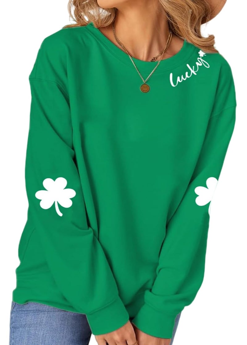 Muhuyi St. Patrick's Day Sweatshirt for Women Lucky Shamrock Long Sleeve Irish Shirt Ireland Clover Print St Patricks Shirts Pullover Tops(Green Lucky,L) - Image 2