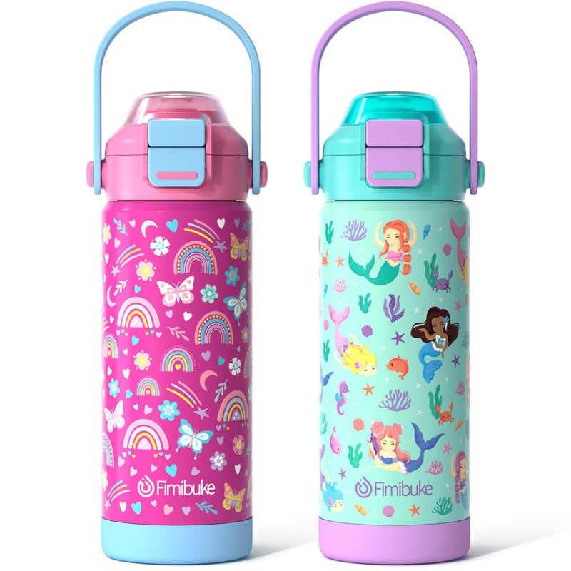 Fimibuke Kids Insulated Water Bottle with Pop-Open Straw & Spout 2-in-1 Lid, 18oz Leak Proof 18/8 Stainless Steel Vacuum Tumbler, BPA-Free Kids Cup For Travel School Boys Girls Toddler, Rainbow & Mermaid - Image 1