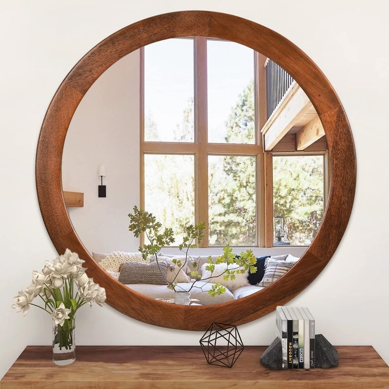 CULER Round Mirrors 30 InchWood Vanity Wall Rustic Mirror with Walnut Frame Wooden Mirror for Bathroom Bedroom Living Room Or EntrywayWalnut Brown
