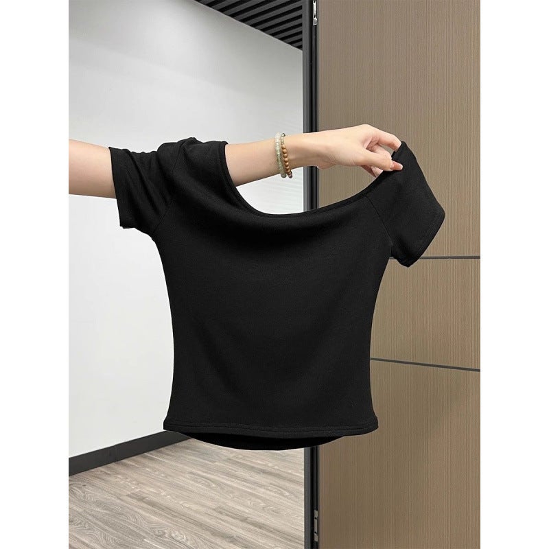 Girl Slanted Shoulder Short-Sleeved T-Shirt For Women 2025 Summer Design Asymmetrical Off-Shoulder Pure Lust Style Slim Top - Image 4