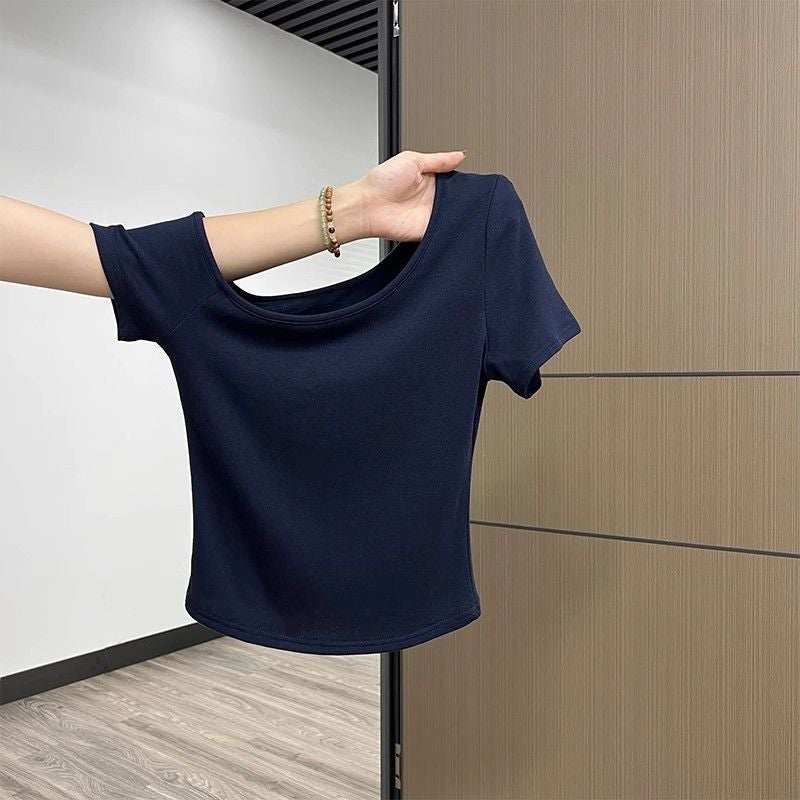 Girl Slanted Shoulder Short-Sleeved T-Shirt For Women 2025 Summer Design Asymmetrical Off-Shoulder Pure Lust Style Slim Top - Image 2