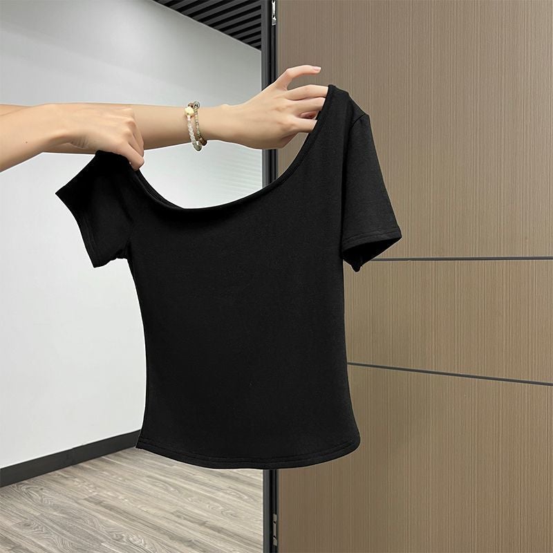 Girl Slanted Shoulder Short-Sleeved T-Shirt For Women 2025 Summer Design Asymmetrical Off-Shoulder Pure Lust Style Slim Top - Image 1