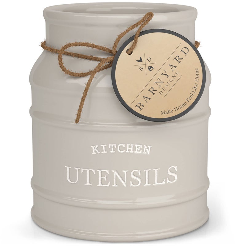 BARNYARD DESIGNS Barnyard Designs Ceramic Farmhouse Utensil Holder for Kitchen Counter Large Rustic Utensil Crock Countertop Cooking Tool Spatula Organizer 675 Taupe 
