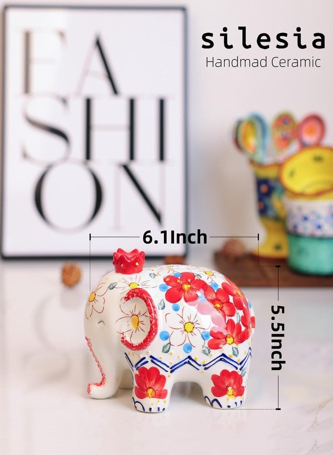 silesia Handmade Elephant Piggy Bank, Ceramic Hand-Painted Decor Coin Box,Decoration Cute Money Container, in Gift Box,Home Room Decoration Birthday Christmas for Kids Adults, Flowering Red - Image 4