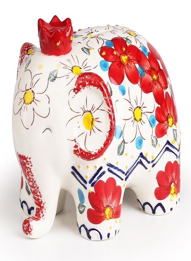 silesia Handmade Elephant Piggy Bank, Ceramic Hand-Painted Decor Coin Box,Decoration Cute Money Container, in Gift Box,Home Room Decoration Birthday Christmas for Kids Adults, Flowering Red - Image 1