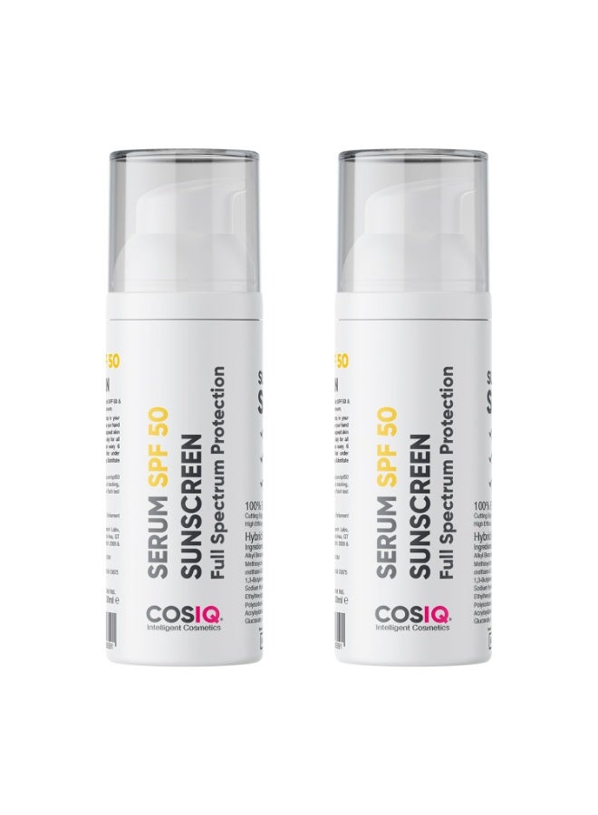 CosIQ Cos-IQ Sunscreen SPF 50 PA++++ Serum | UVA/B & Blue Light Protection for Men & Women | Broad Spectrum Sun Protection | Oily, Dry, Sensitive & Combination Skin | No White Cast | 30ml, Pack of 2 - Image 1