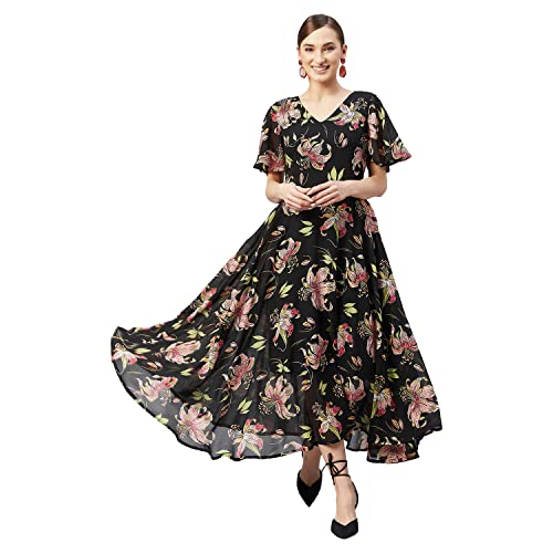 Rare Women's Georgette Fit and Flare Calf Length Dress (EP3153_Black_S) - Image 1