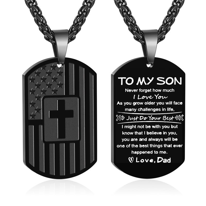 Zocomi To My Son Gifts from Dad Father Dog Tag Cross Necklace America Flag Pendant Chain Jewelry Birthday Presents Gift Kids Boys Him Ages Black Christmas Valentines Day Gifts - Image 1