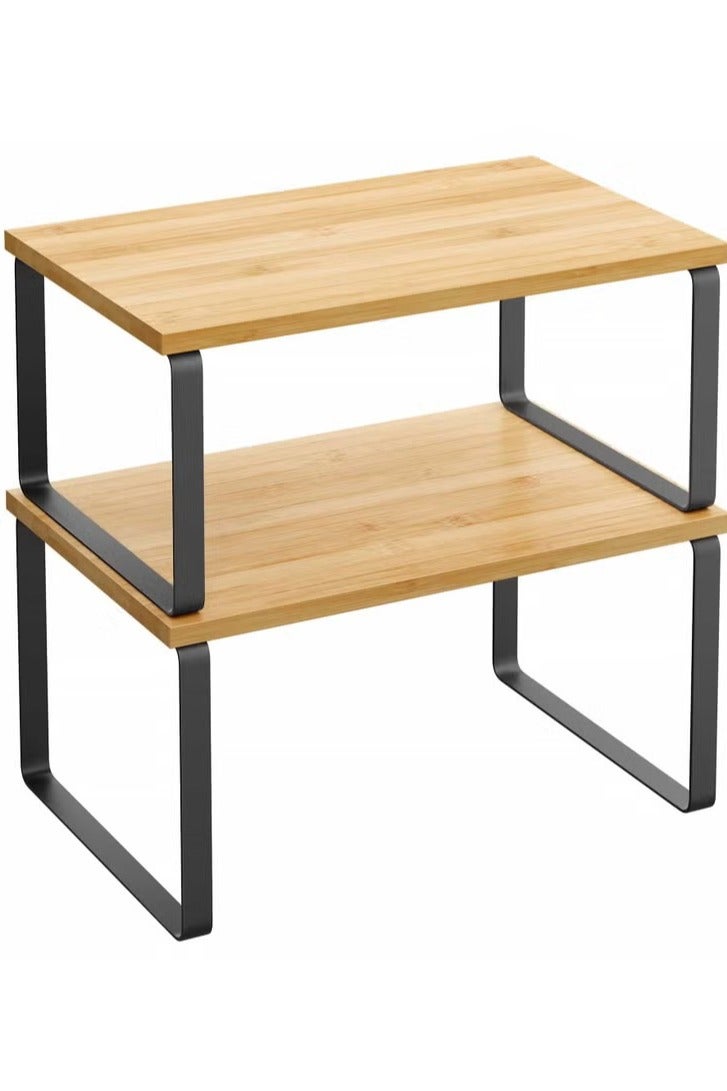 أنمي 2 طقمين رف توابل لتخزين المطبخ، قابل للتكديس وقابل للتوسعة، من المعدن والخشب الصناعي