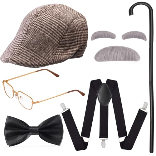 Yewong 1920s Mens Gatsby Gangster Costume Old Man Fancy Dress Costume Grandpa Accessories Set with Newsboy Hat (Coffee Hat-C) - Image 1