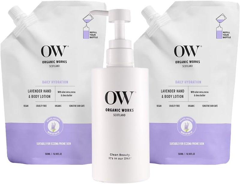 Organic Works Lavender Hand Body Lotion 500ml Pack of 2 Lifetime Refill Bottle 24hr Hydrating Moisturiser with Coconut Oil Shea Butter For Dry Very Dry and EczemaProne Skin
