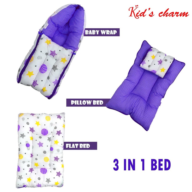 Kid's Charm Kids Charm Planet Mini 3 in 1 Babys Cotton Bed Cum Carry Bed Printed Baby Sleeping BagBaby BedInfant Portable for Unisex Easily Portable Light Weight Carry for New Born 04 Months Old Voilet - Image 2
