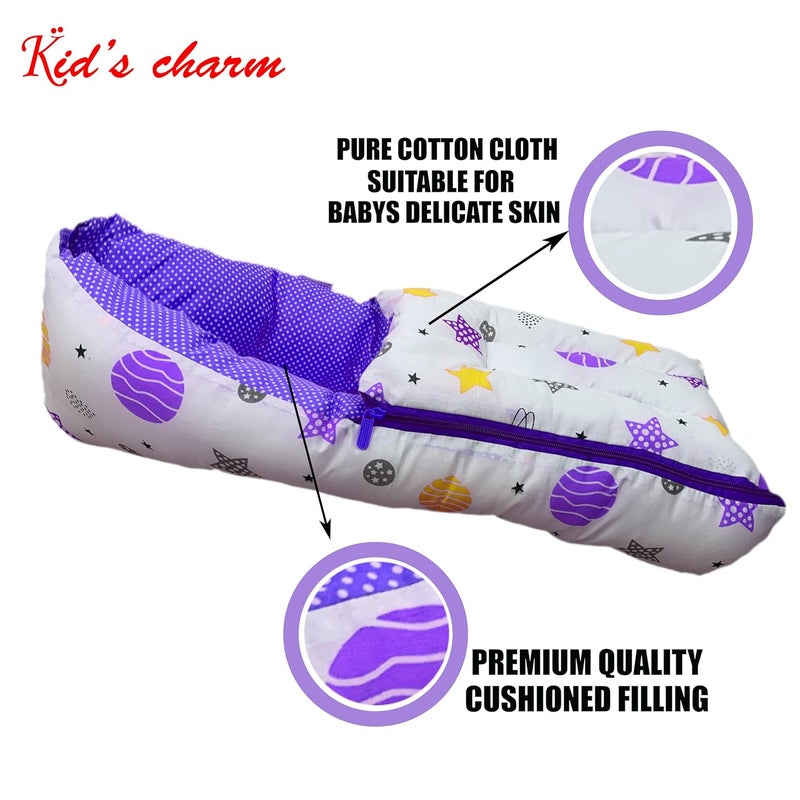 Kid's Charm Kids Charm Planet Mini 3 in 1 Babys Cotton Bed Cum Carry Bed Printed Baby Sleeping BagBaby BedInfant Portable for Unisex Easily Portable Light Weight Carry for New Born 04 Months Old Voilet - Image 4