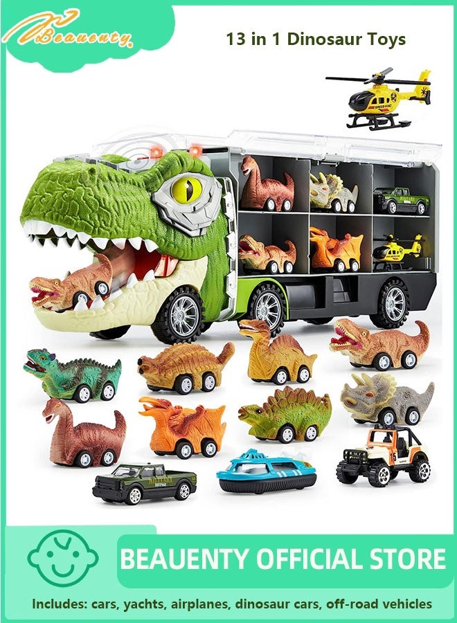 Beauenty 13 in 1 Dinosaur Toys for Kids 3+, Dinosaur Truck with 12 Pull Back Cars, Dinosaur Cars Set, Birthday Gifts Toys for 3+ Year Old Boy, Transport Carrier Truck for Toddlers 3+ Years - Image 1