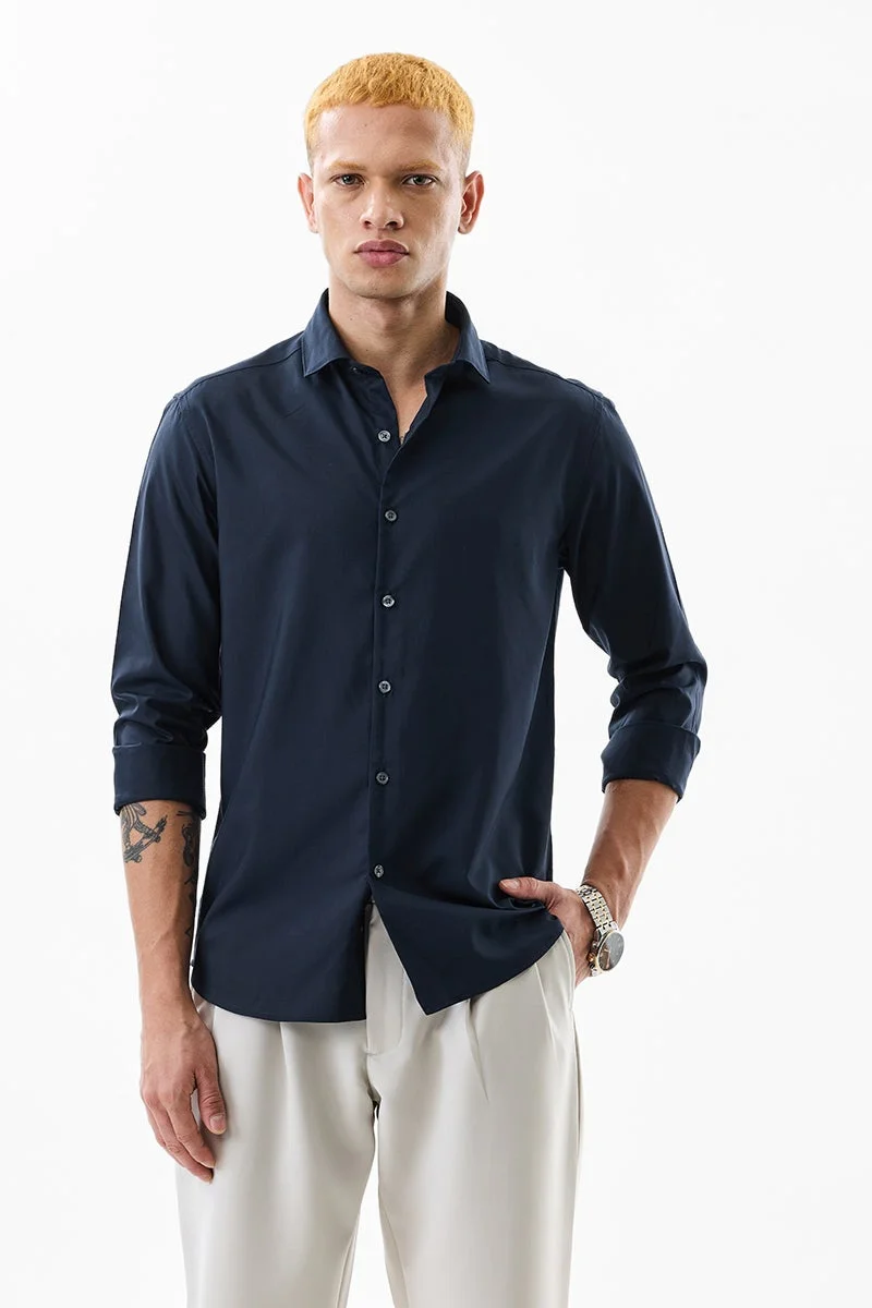 SNITCH Navy Solid Long Sleeve Slim Fit Formal Shirt