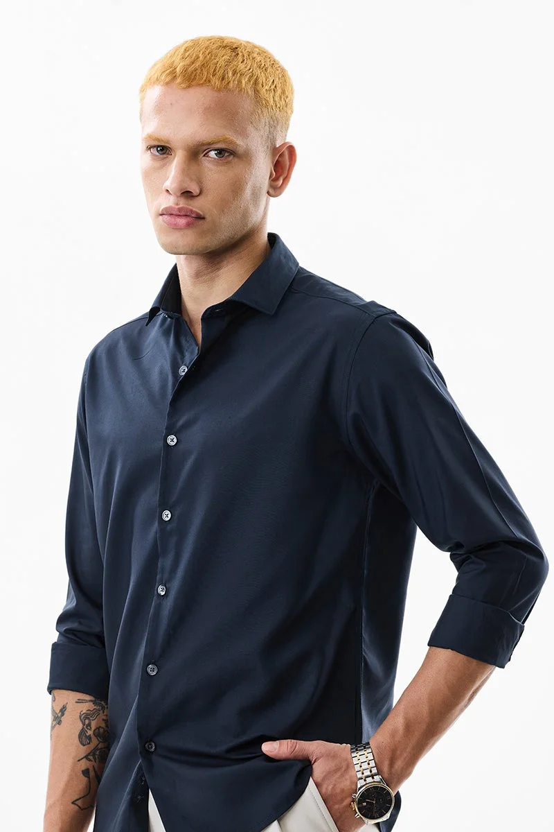 SNITCH Navy Solid Long Sleeve Slim Fit Formal Shirt