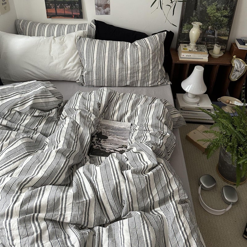 mixinni Vintage Gray & White Striped Duvet Cover Set - 3 Piece 100% Washed Cotton Queen Size Bedding | Minimalist Gender-Neutral Design | Ultra-Soft Breathable, with Zipper Closure & Corner Ties - Image 5