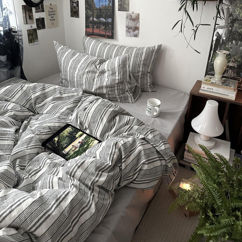 mixinni Vintage Gray & White Striped Duvet Cover Set - 3 Piece 100% Washed Cotton Queen Size Bedding | Minimalist Gender-Neutral Design | Ultra-Soft Breathable, with Zipper Closure & Corner Ties - Image 2