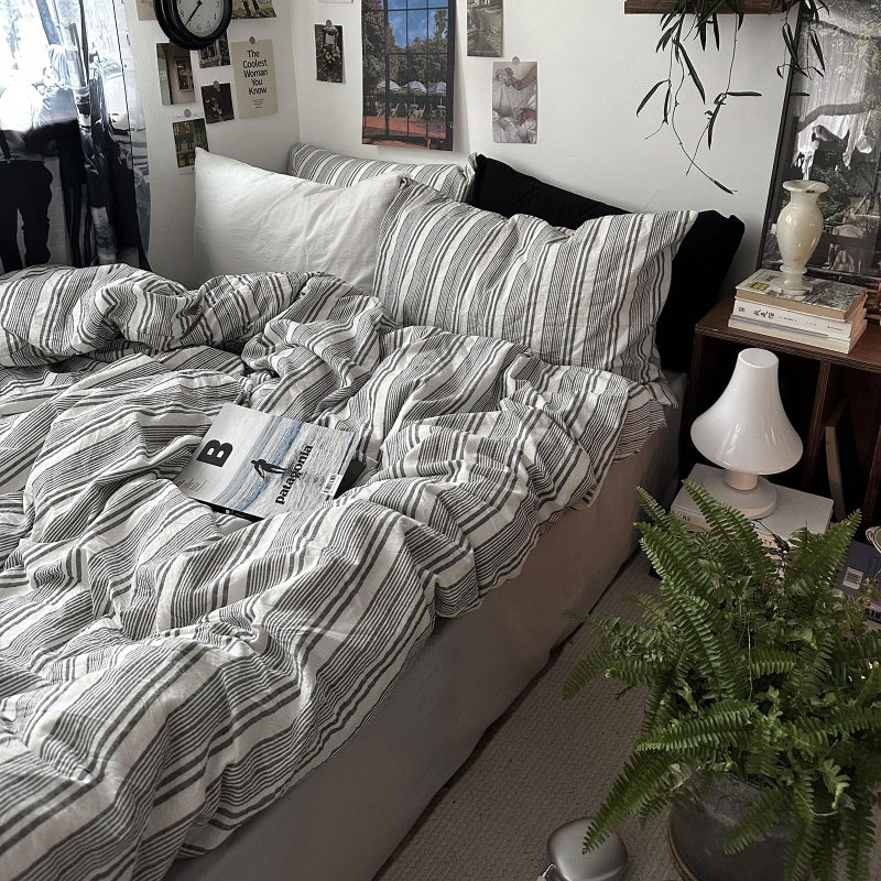 mixinni Vintage Gray & White Striped Duvet Cover Set - 3 Piece 100% Washed Cotton Queen Size Bedding | Minimalist Gender-Neutral Design | Ultra-Soft Breathable, with Zipper Closure & Corner Ties - Image 1
