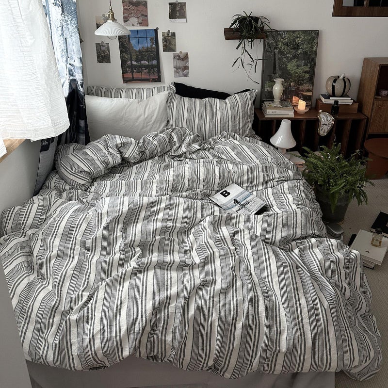 mixinni Vintage Gray & White Striped Duvet Cover Set - 3 Piece 100% Washed Cotton Queen Size Bedding | Minimalist Gender-Neutral Design | Ultra-Soft Breathable, with Zipper Closure & Corner Ties - Image 4
