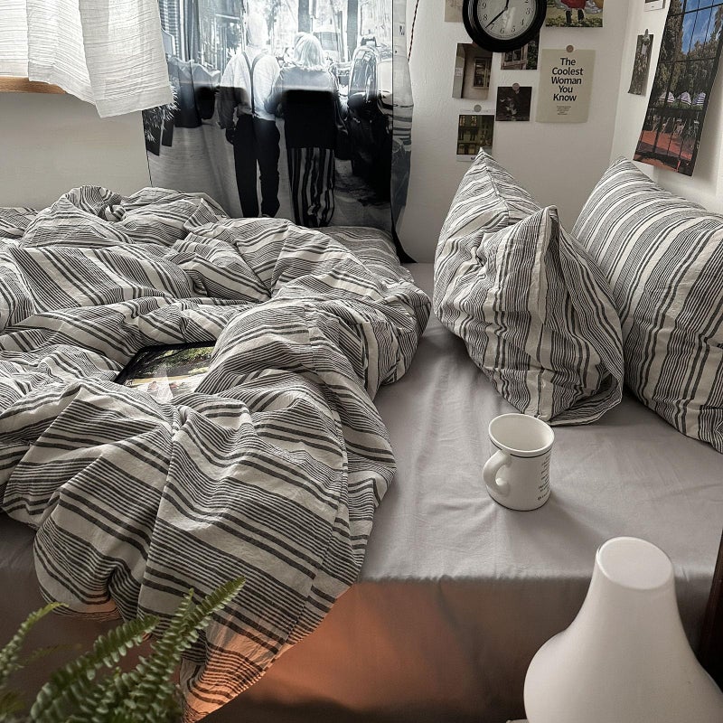 mixinni Vintage Gray & White Striped Duvet Cover Set - 3 Piece 100% Washed Cotton Queen Size Bedding | Minimalist Gender-Neutral Design | Ultra-Soft Breathable, with Zipper Closure & Corner Ties - Image 3