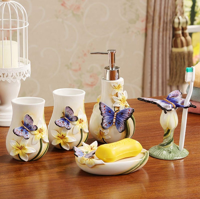 FORLONG Ceramic Bathroom Accessory Set Dancing Butterfly Ceramic 5 Pieces Set,Including Toothbrush Holders,2 Gargle Tooth-Brushing Cups,Soap Dishes,Soap & Lotion Dispenser - Image 2