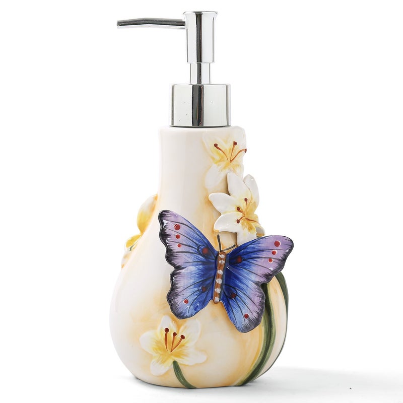 FORLONG Ceramic Bathroom Accessory Set Dancing Butterfly Ceramic 5 Pieces Set,Including Toothbrush Holders,2 Gargle Tooth-Brushing Cups,Soap Dishes,Soap & Lotion Dispenser - Image 3