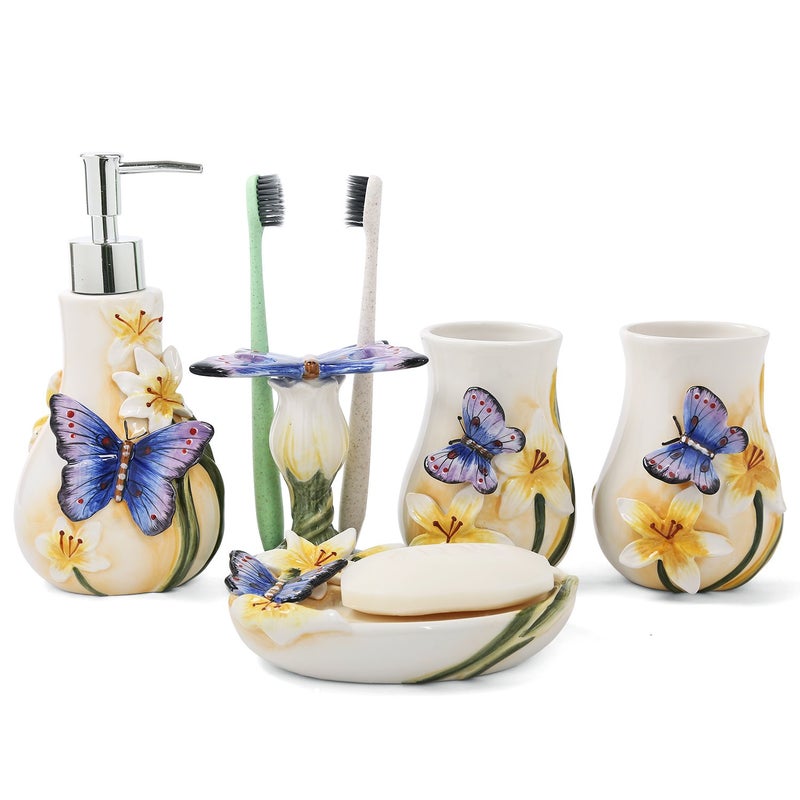 FORLONG Ceramic Bathroom Accessory Set Dancing Butterfly Ceramic 5 Pieces Set,Including Toothbrush Holders,2 Gargle Tooth-Brushing Cups,Soap Dishes,Soap & Lotion Dispenser - Image 1