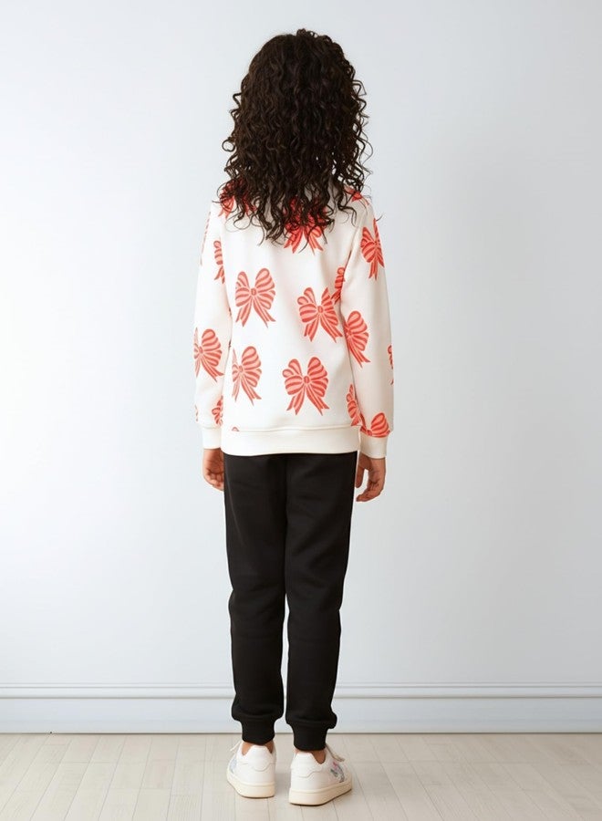 انثريلو طقم رياضي وكنزة صوفية سوداء للبنات من أنثريلو، مزين بفيونكة وردية - أبيض/أسود | 5-6 سنوات - Image 4