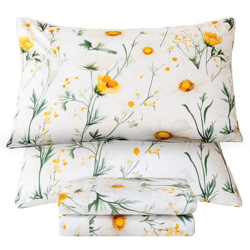 QSH 4PCs Green Floral Sheets Queen Size,100% Egyptian Cotton Sheets Queen Size Yellow Platycodon Flowers Botanical Pattern Printed Bed Sheet Extra Soft and Breathable 17.5" Deep Pockets Bedding Sheet - Image 1