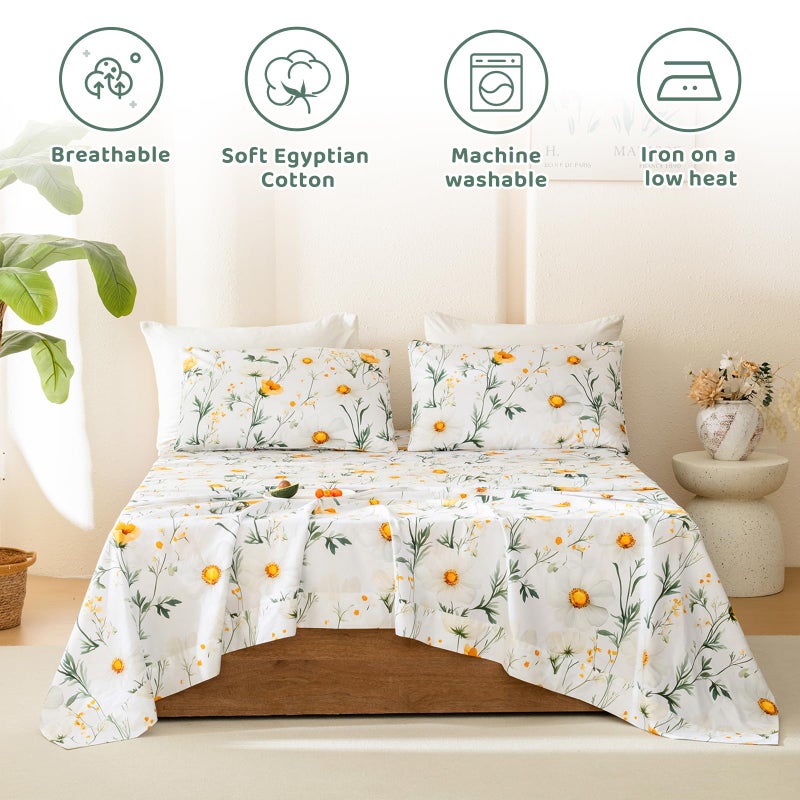 QSH 4PCs Green Floral Sheets Queen Size,100% Egyptian Cotton Sheets Queen Size Yellow Platycodon Flowers Botanical Pattern Printed Bed Sheet Extra Soft and Breathable 17.5" Deep Pockets Bedding Sheet - Image 2