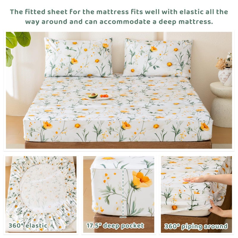 QSH 4PCs Green Floral Sheets Queen Size,100% Egyptian Cotton Sheets Queen Size Yellow Platycodon Flowers Botanical Pattern Printed Bed Sheet Extra Soft and Breathable 17.5" Deep Pockets Bedding Sheet - Image 4
