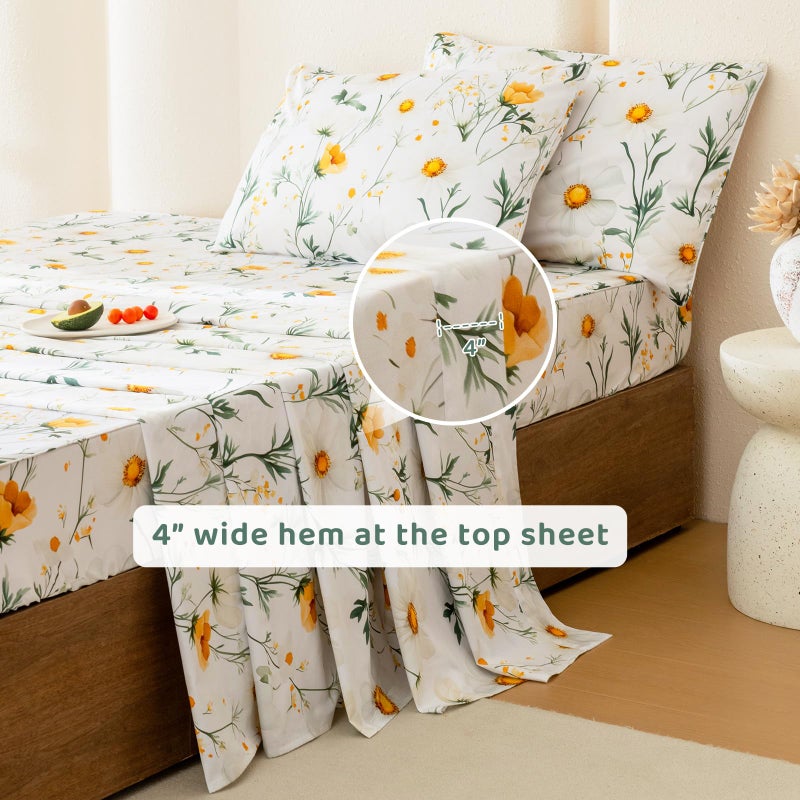 QSH 4PCs Green Floral Sheets Queen Size,100% Egyptian Cotton Sheets Queen Size Yellow Platycodon Flowers Botanical Pattern Printed Bed Sheet Extra Soft and Breathable 17.5" Deep Pockets Bedding Sheet - Image 3
