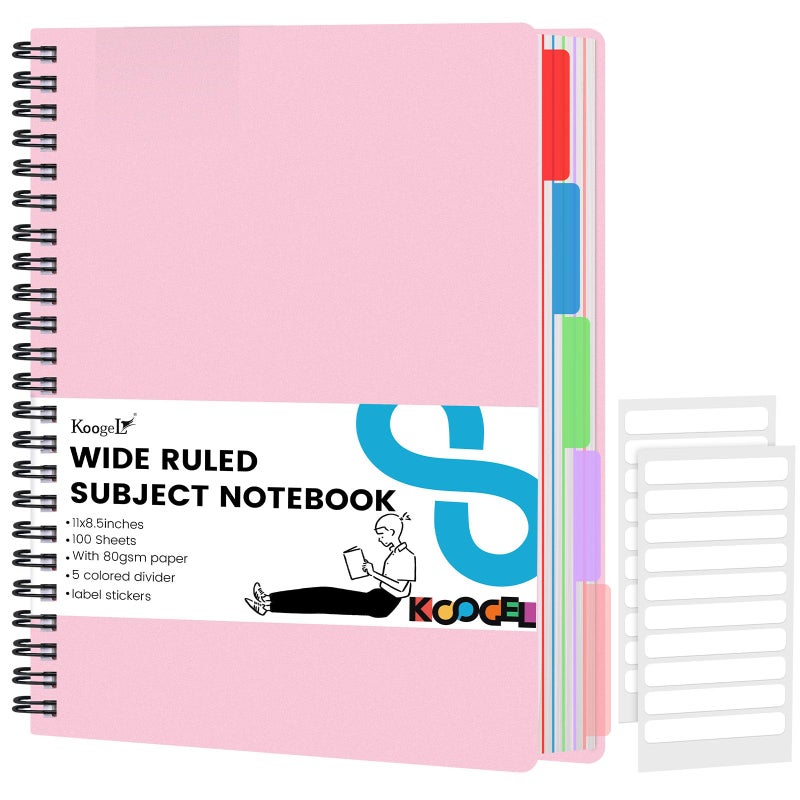 Koogel Spiral Notebook with Tabs, 5 Subject Spiral Notebook Wide Ruled with Removable Dividers, 200Pages Lined Journals for Women Journals Note Taking Work School Gifts, 8.5x11Inch, Pink - Image 1