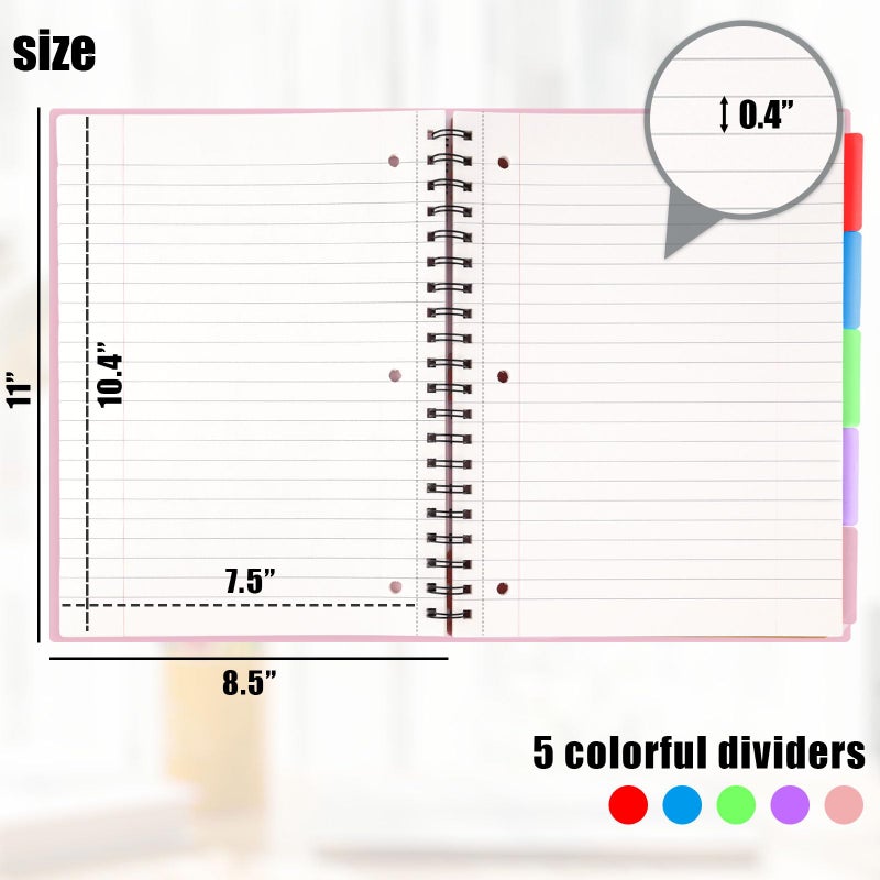 Koogel Spiral Notebook with Tabs, 5 Subject Spiral Notebook Wide Ruled with Removable Dividers, 200Pages Lined Journals for Women Journals Note Taking Work School Gifts, 8.5x11Inch, Pink - Image 5