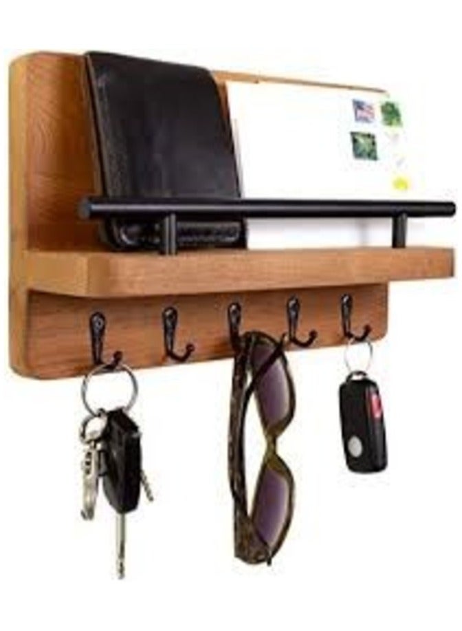 مرفا حامل المفاتيح المثبت على الحائط مع 4 خطافات ورف للبريد على لوحة خشب طبيعية - Image 4