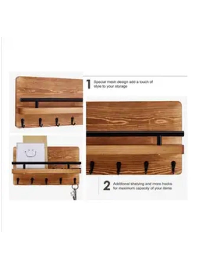 مرفا حامل المفاتيح المثبت على الحائط مع 4 خطافات ورف للبريد على لوحة خشب طبيعية - Image 5