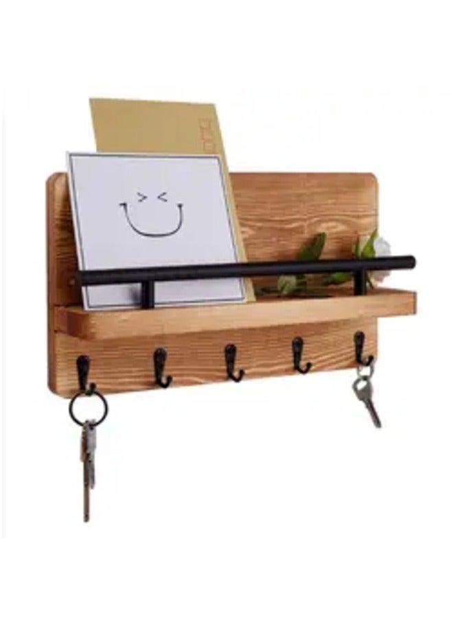 مرفا حامل المفاتيح المثبت على الحائط مع 4 خطافات ورف للبريد على لوحة خشب طبيعية - Image 3
