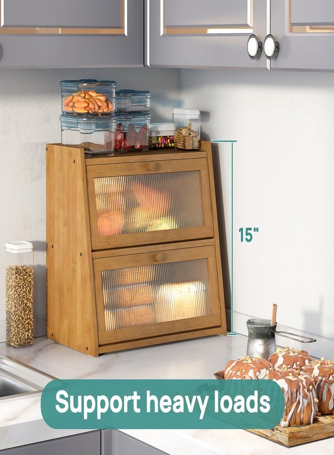viewcare Extra Large Bread Box, Double Layer Bread Box for Kitchen Counter, Bamboo Wood Large Capacity Bread Storage Bin with Acrylic Wavy Door Panel - Image 3